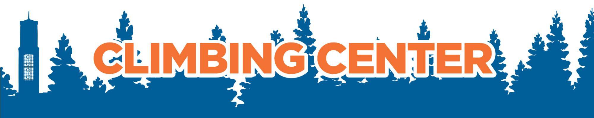 Climbing Center text over silhouetted trees